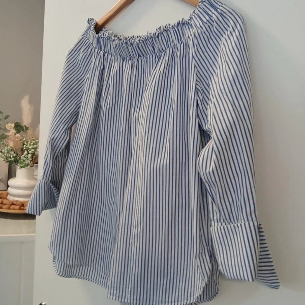 H&M woman's white mix stripe cotton bardot top